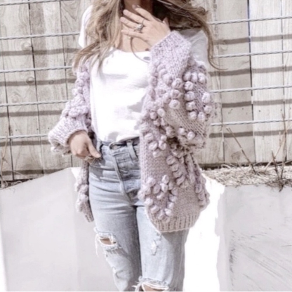 Chicwish Knit Your Love Chunky Popcorn Heart Bubble Knit Open Cardigan Sweater - Picture 2 of 7